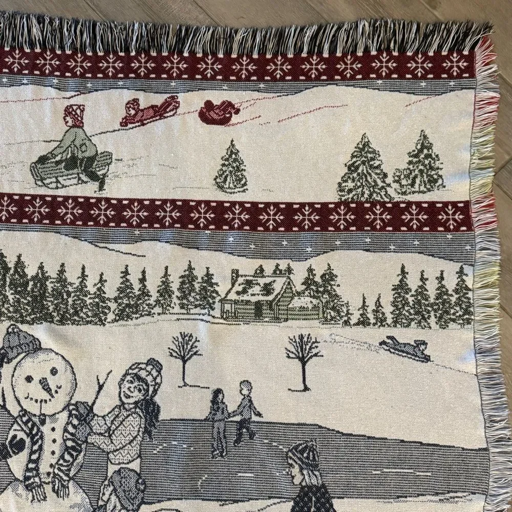 Vintage Winter Scene Snowman Christmas Tapestry Throw Blanket 45x58